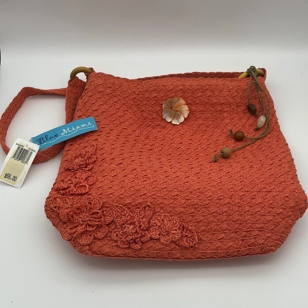 NWT Blue Miami Corral Woven Bag with Shell Flower and Wooden Ring Accents